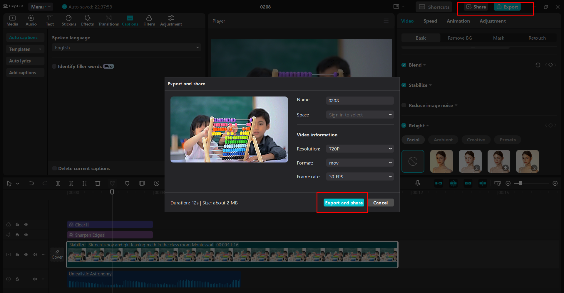 Esportazione o condivisione del video dall' CapCut editor video desktop