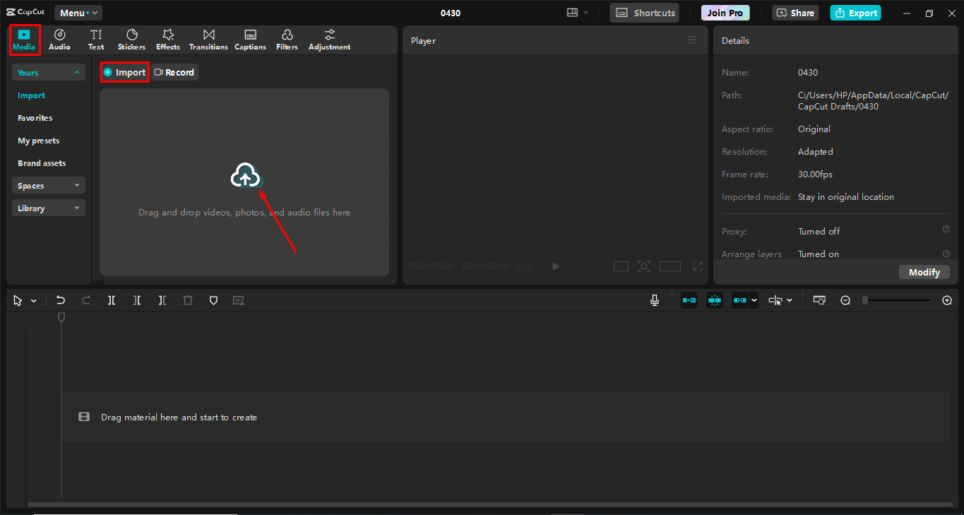 Importing video in the CapCut desktop video editor