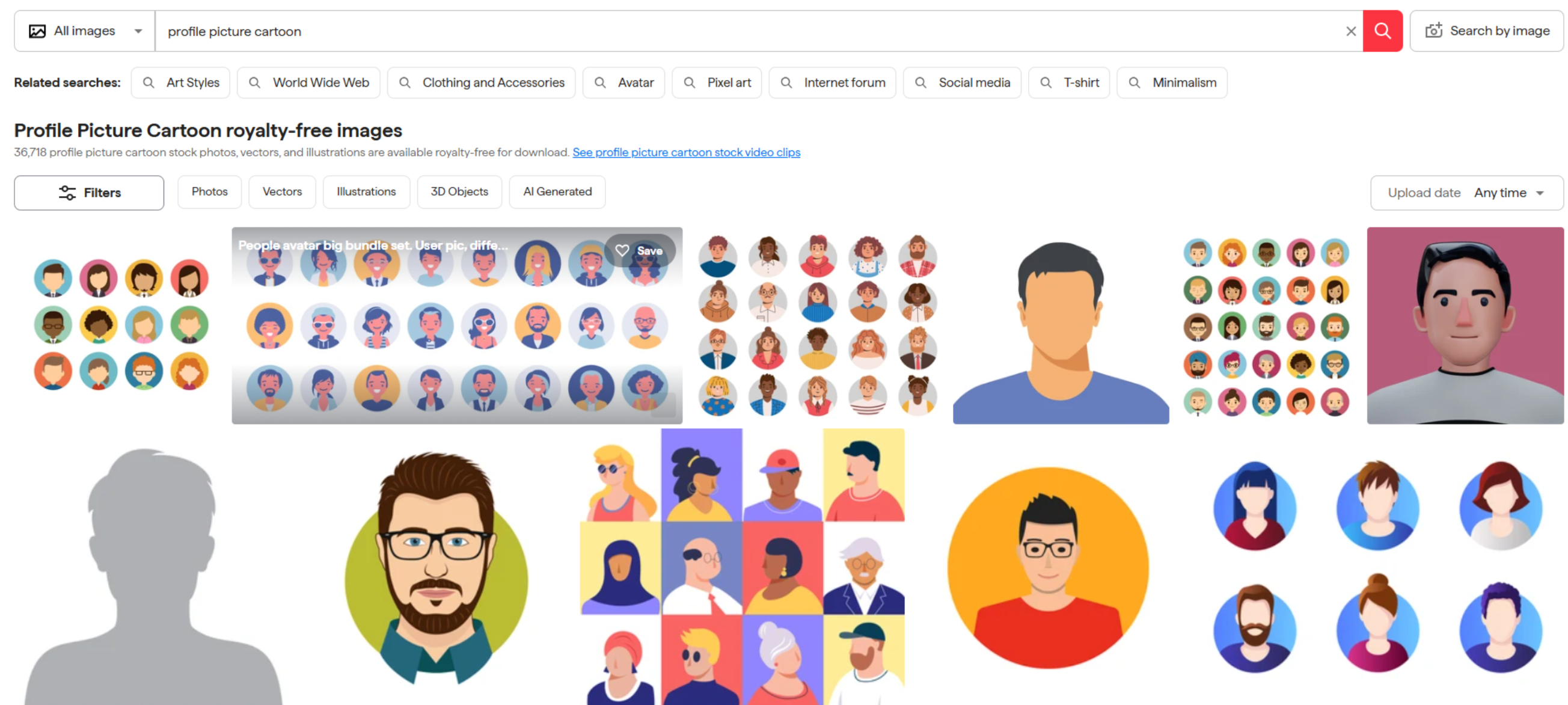 Interfaccia di Shutterstock - un sito web per il download di immagini di profilo in stile cartone animato