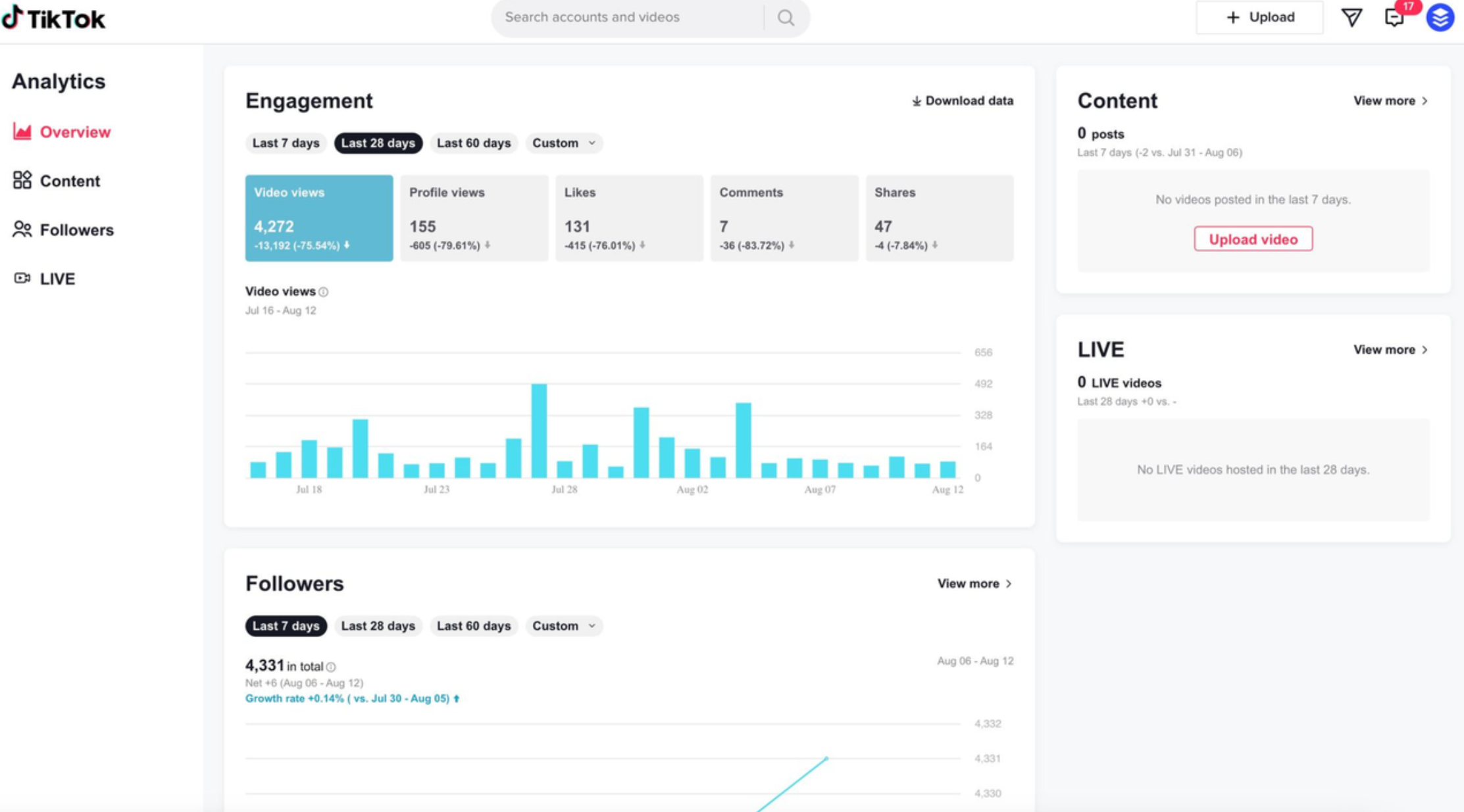 Showing how to view insights on TikTok on a PC