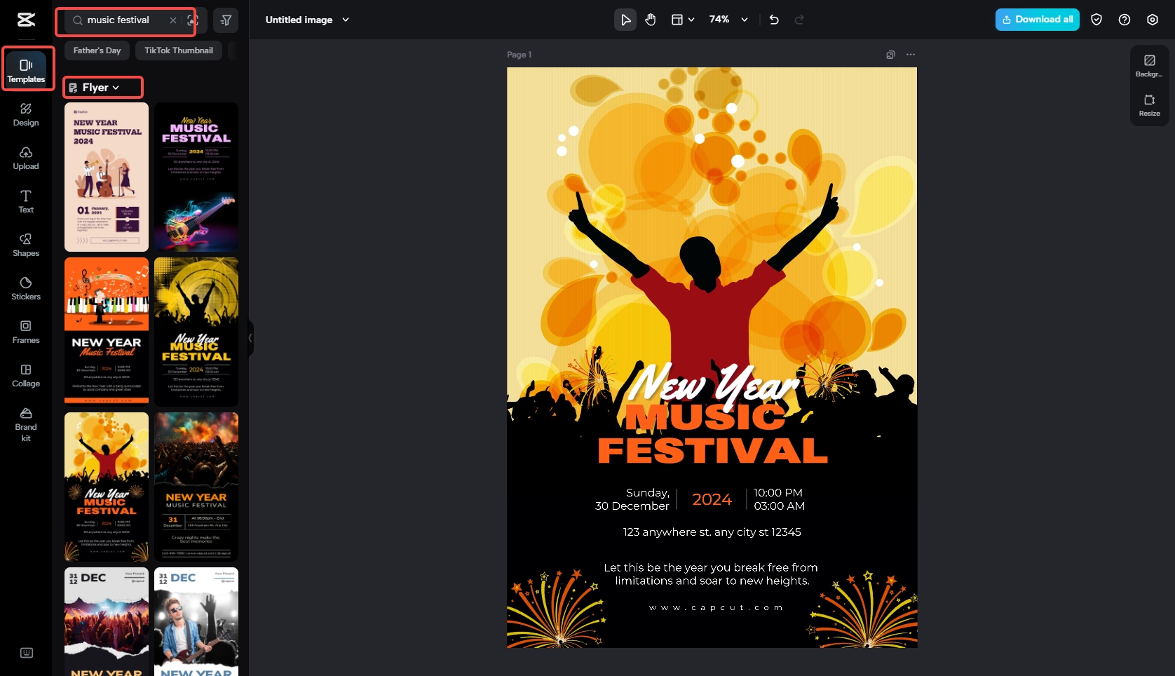 Picking a flyer template in CapCut