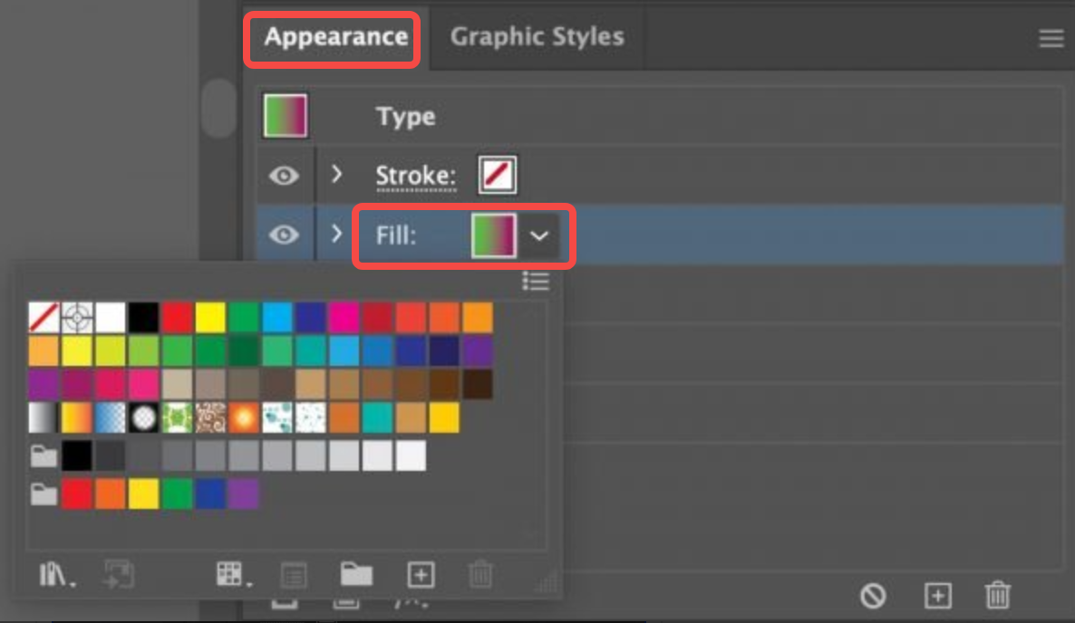 Montrant comment ajouter une couleur dégradée au texte dans Illustrator avec le panneau Apparence