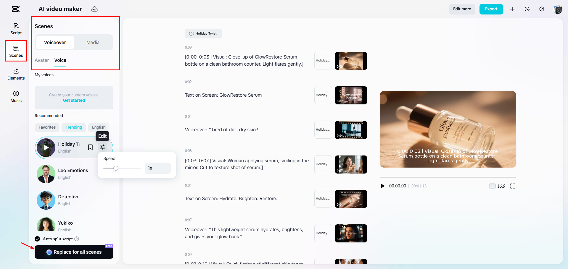 Adding a voiceover to a product video in CapCut Web