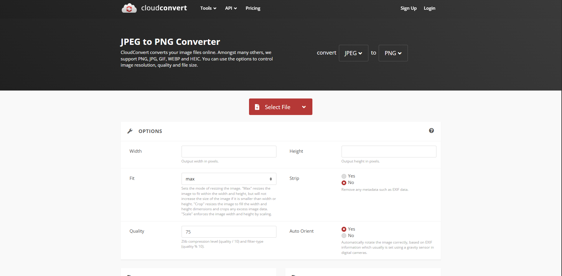 Interfaz de CloudConvert: el mejor convertidor de JPEG a PNG en línea