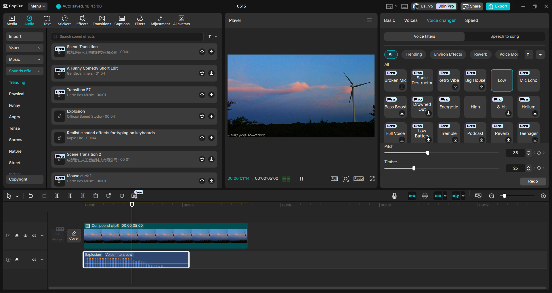 Interfaz del CapCut editor de video de escritorio: una forma rápida de agregar efectos de sonido de viento a los videos