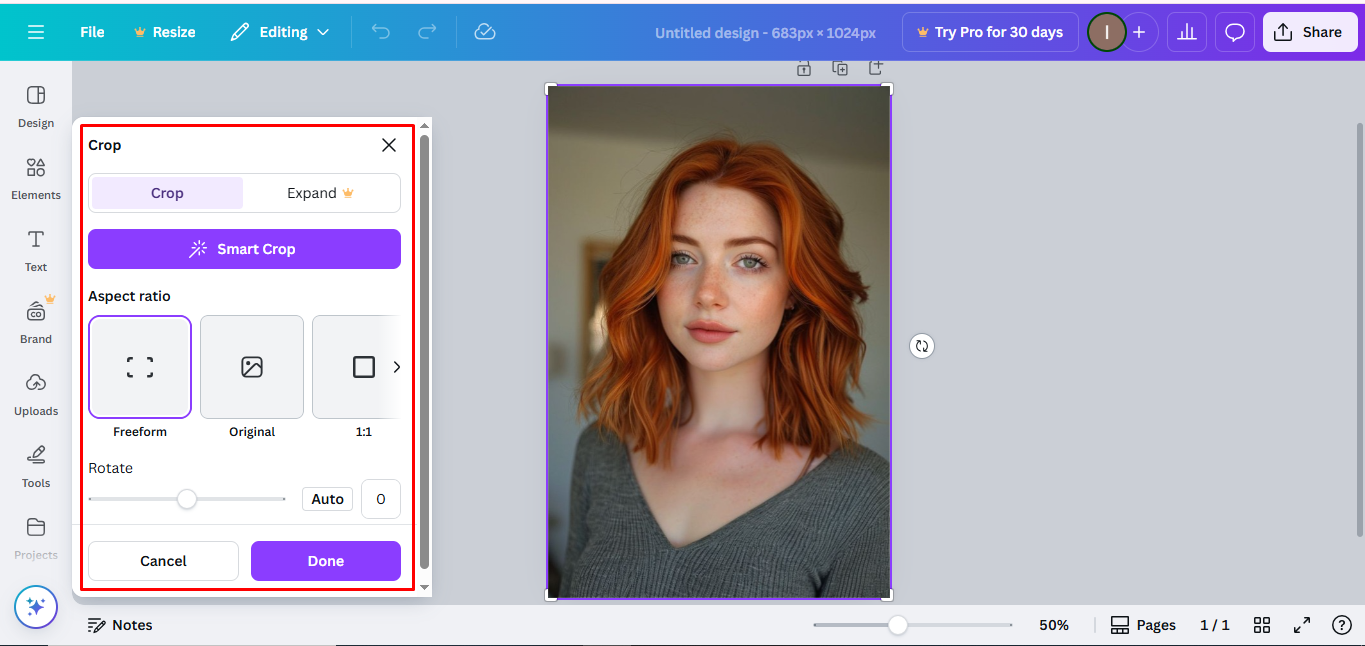 Ajuste del tamaño de una imagen en el nuevo editor de fotos Canva
