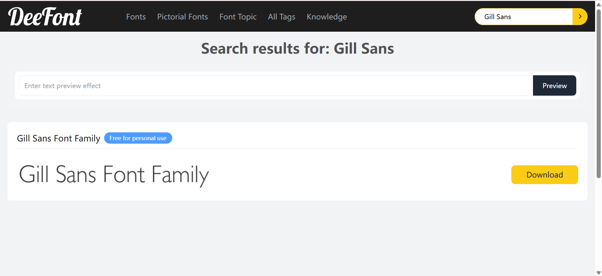 Trang web DeeFont liệt kê tải xuống miễn phí phông chữ Gill Sans với xếp hạng và liên kết tải xuống ZIP.