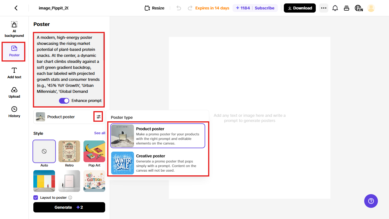 Enter prompt and choose product poster