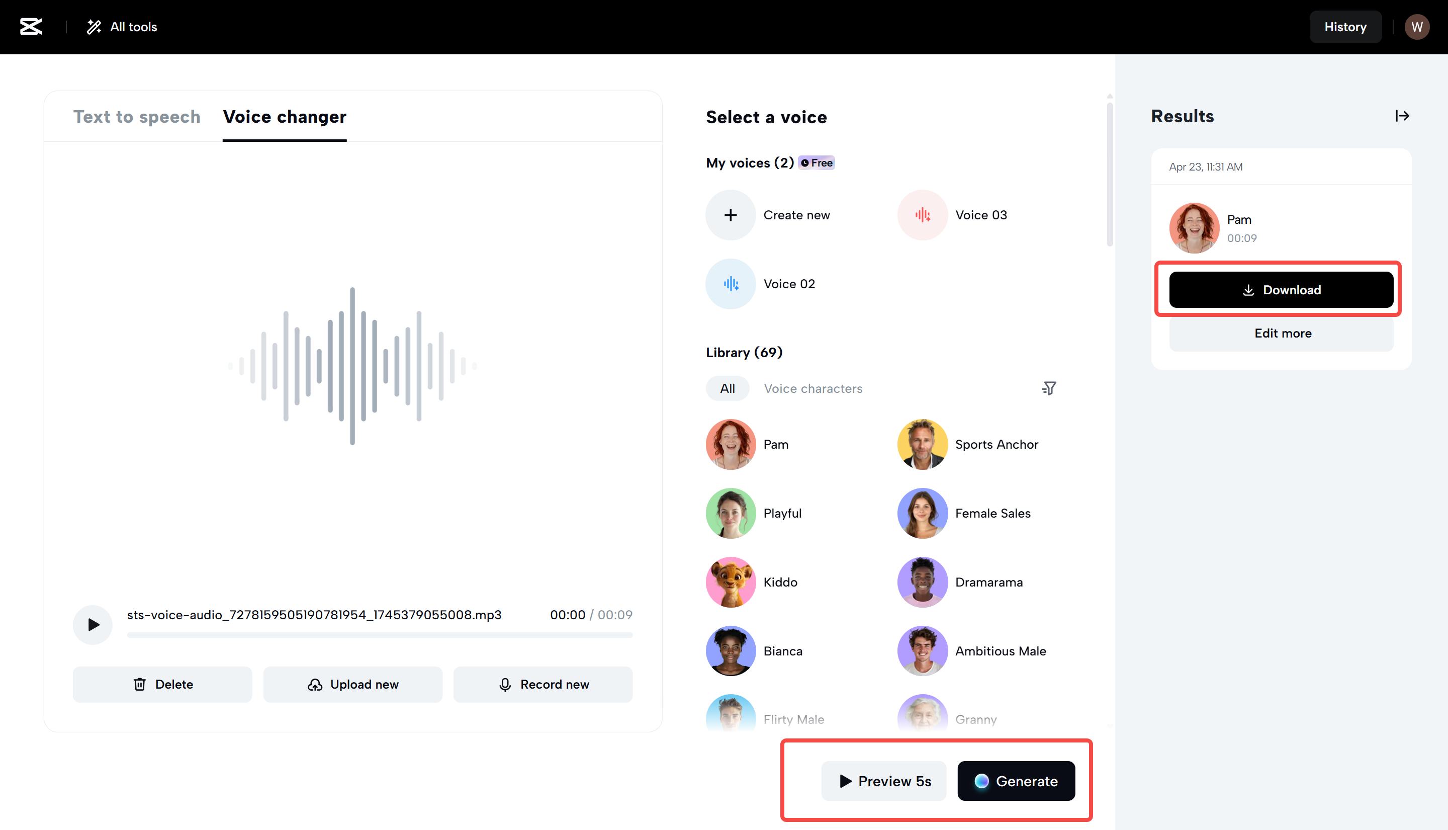 High-quality audio with a preview feature in CapCut Web