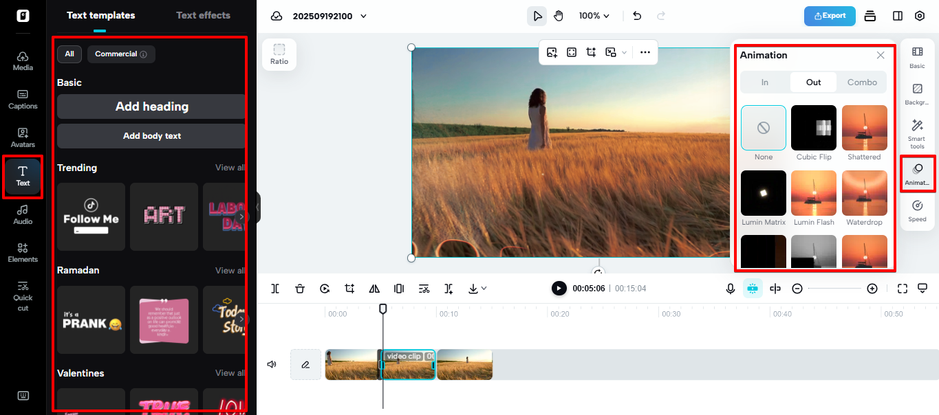 Superposiciones, texto y animaciones personalizables en Pippit