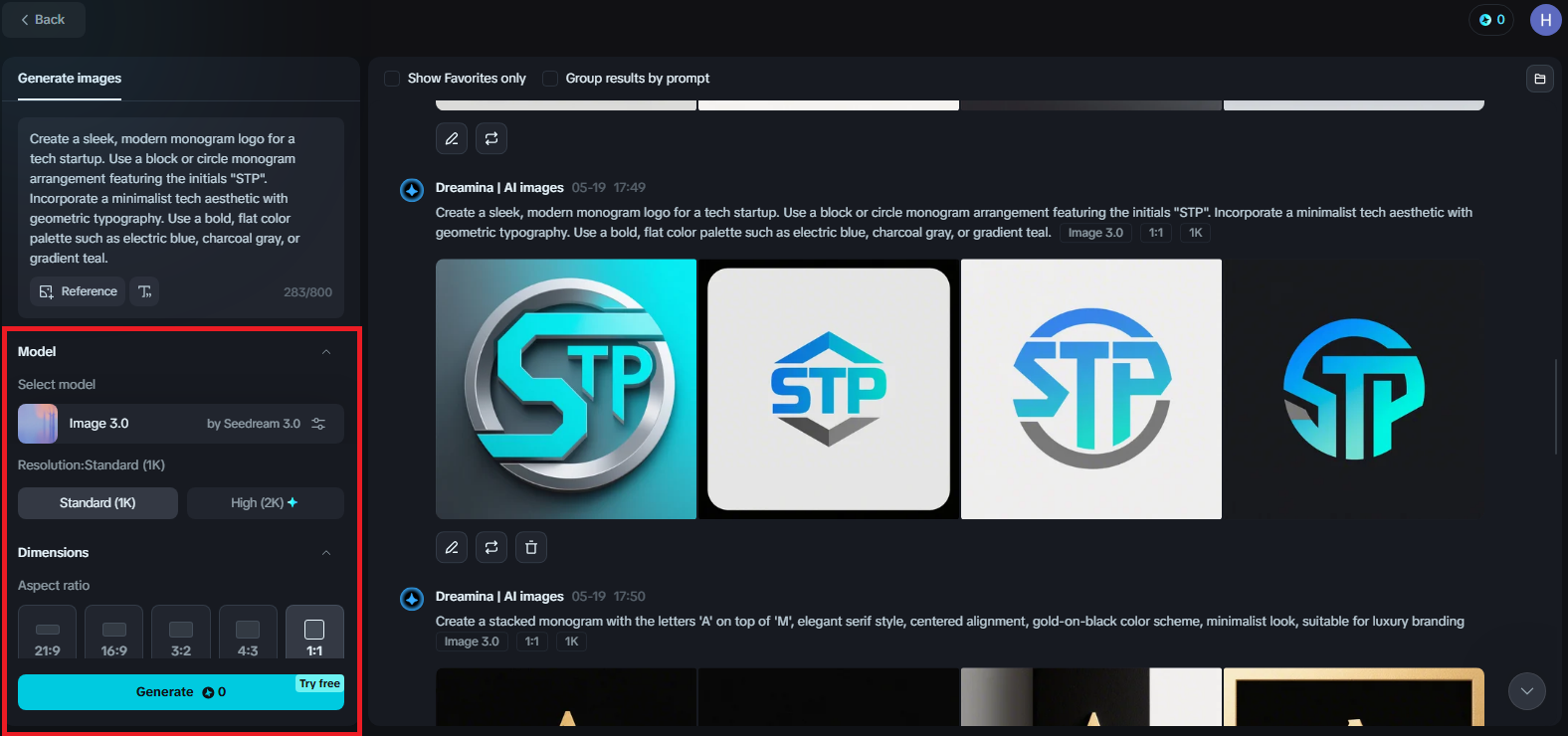 Generating monogram logos in Dreamina