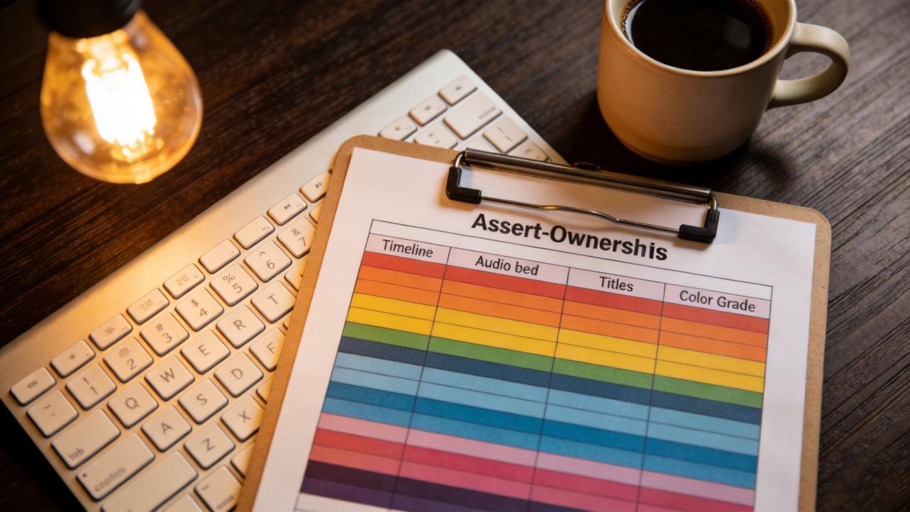 Clipboard with a color-coded edit timeline beside a keyboard and coffee mug