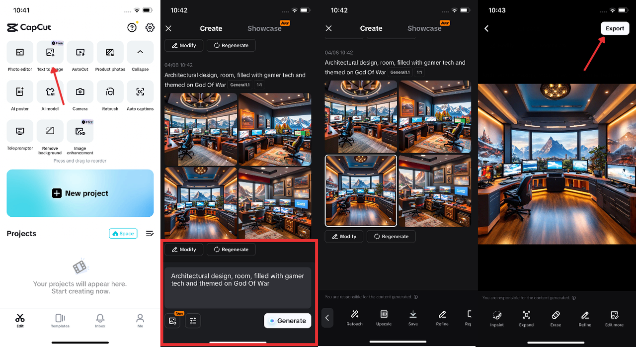 AI görüntüleri oluşturmak içinCapCut proje arayüzü