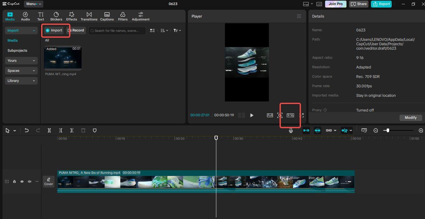 Importieren des Videos in CapCut