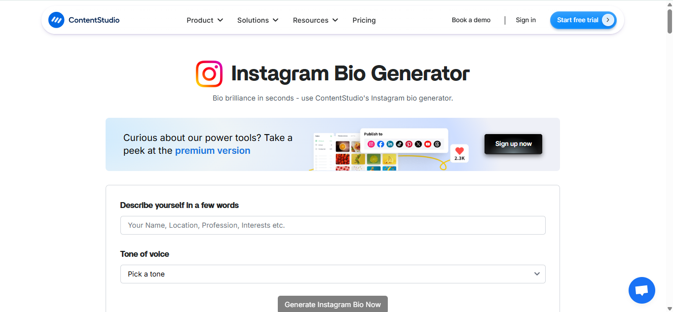 ContentStudio - malawak na kilalang Instagram bio generator na may mga naka-istilong font