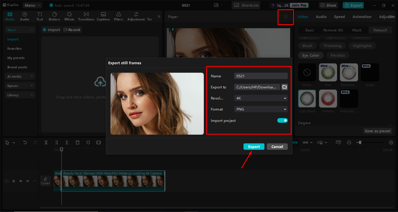 Exportando la imagen final en el CapCut editor de video de escritorio