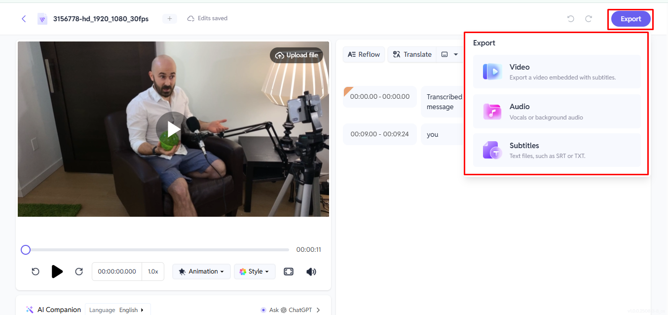 Imagem mostrando como exportar o conteúdo final do SubEasy AI