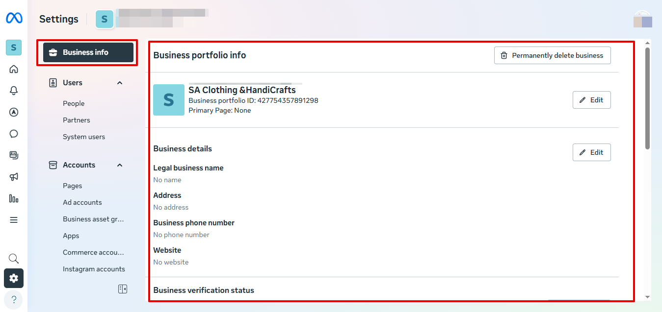 Adding business info in Meta Suite