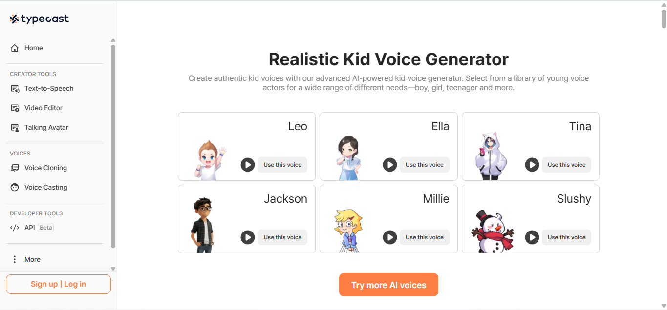 Image showing AI child voices on Typecast