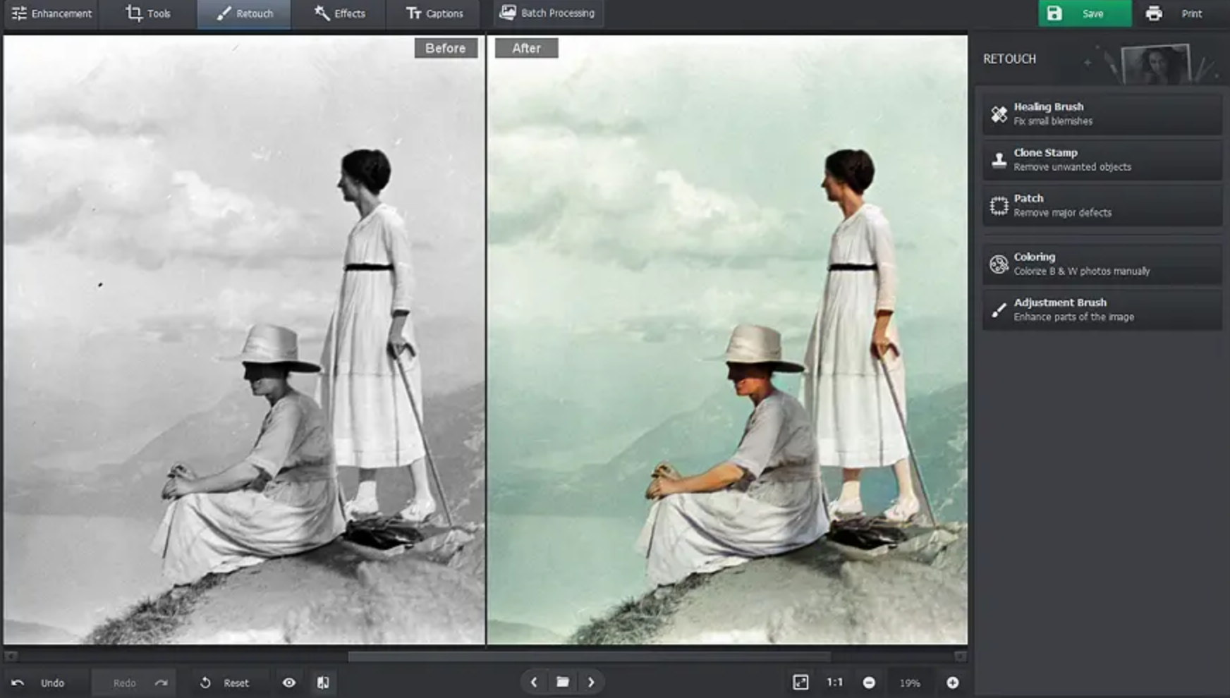 Schnittstelle von PhotoGlory - einer einfach zu bedienenden Software zur Fotorestaurierung