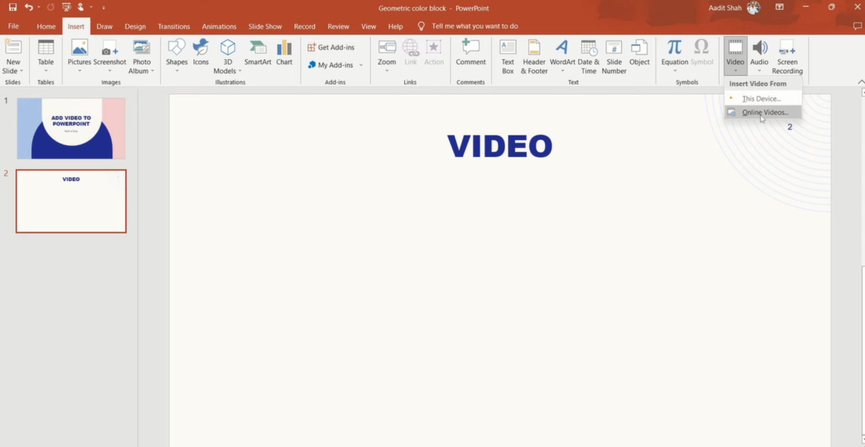 Pagpili ng opsyong magpasok ng video sa YouTube sa PowerPoint