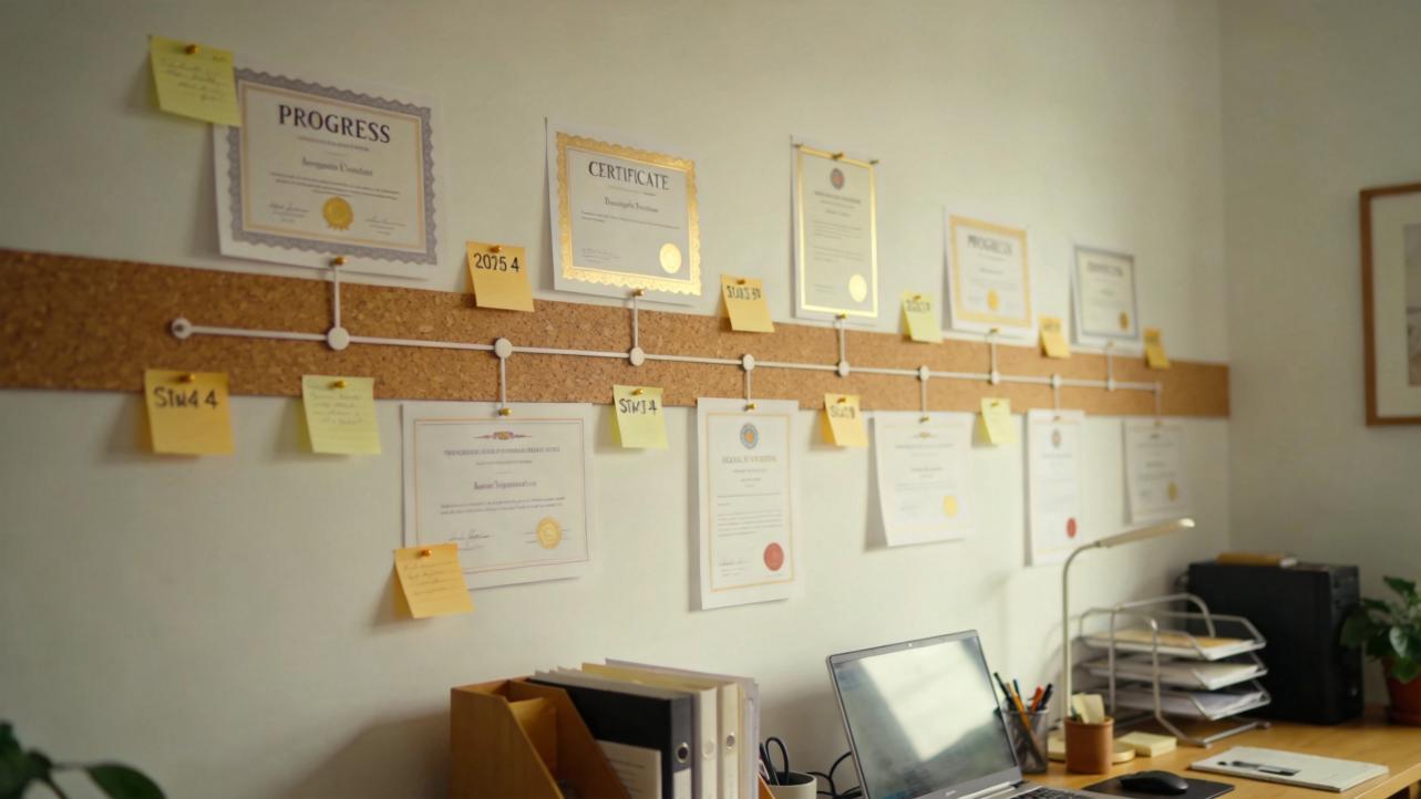 Wall with certificates and progress notes above an organized desk workspace