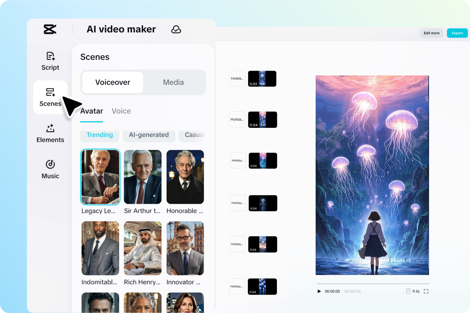CapCut video editor interface showing scene selection, avatar voiceover, and background music