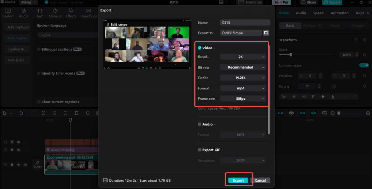 Exportar o vídeo Zoom no CapCut