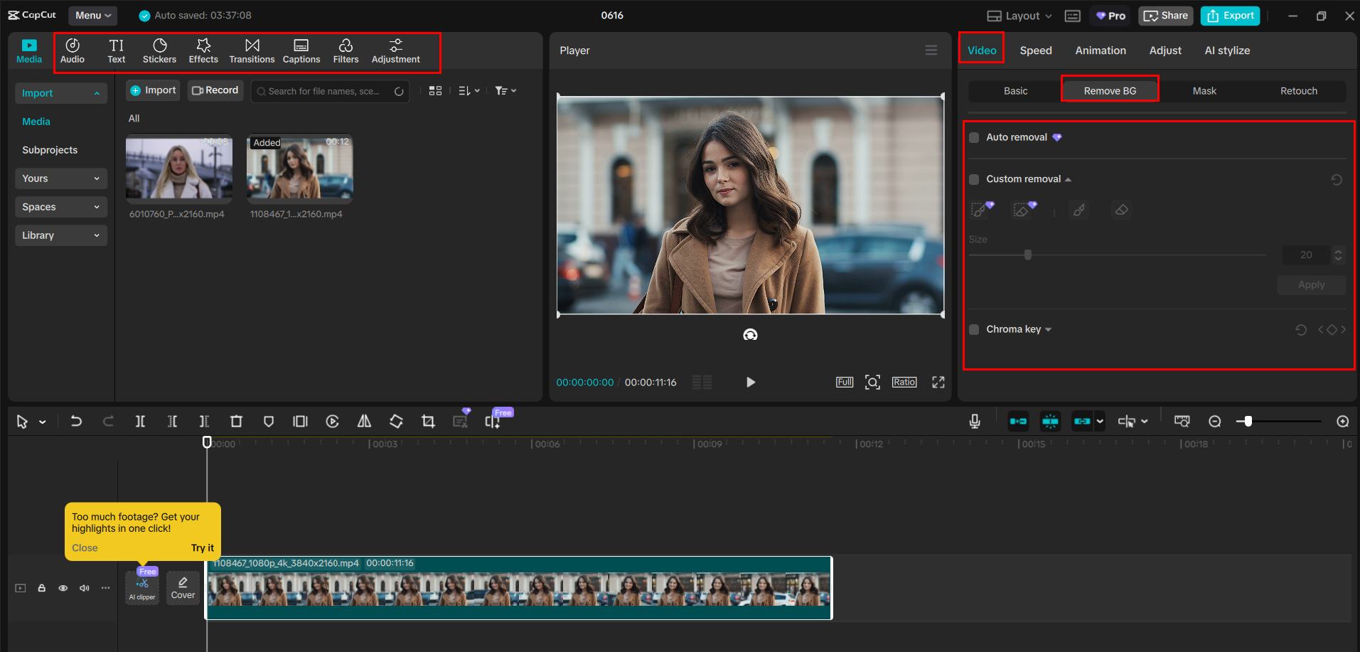 Videodan arka planı kaldıran CapCut masaüstü video düzenleyicisinin arayüzü
