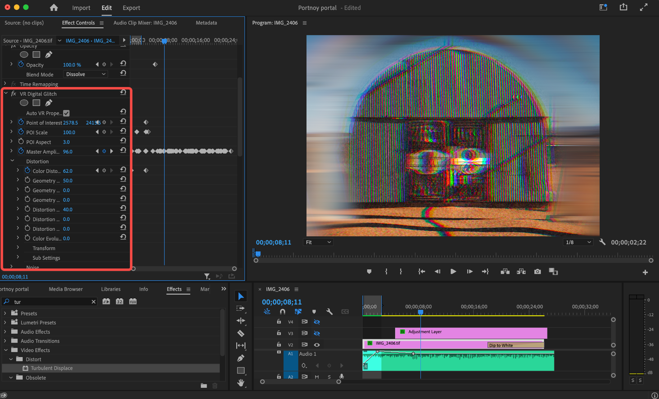 Interfaccia di Color Grading Panel - una risorsa gratuita per la transizione glitch in Premiere Pro