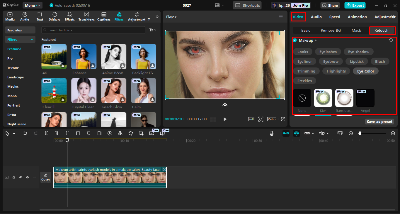 Cambiando el color de ojos en el CapCut editor de video de escritorio