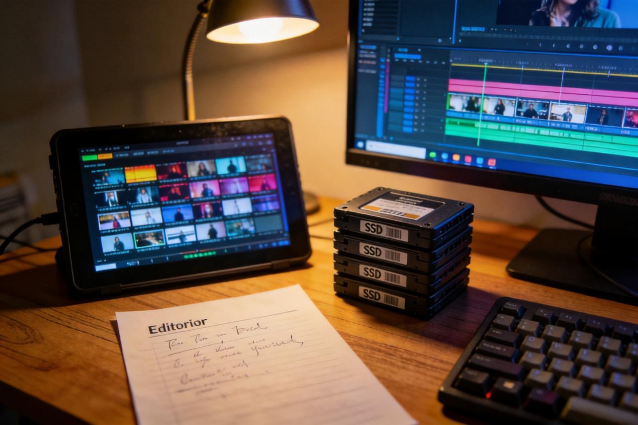 Video editing setup with a monitor, tablet, stacked SSDs, keyboard, and notes on a desk