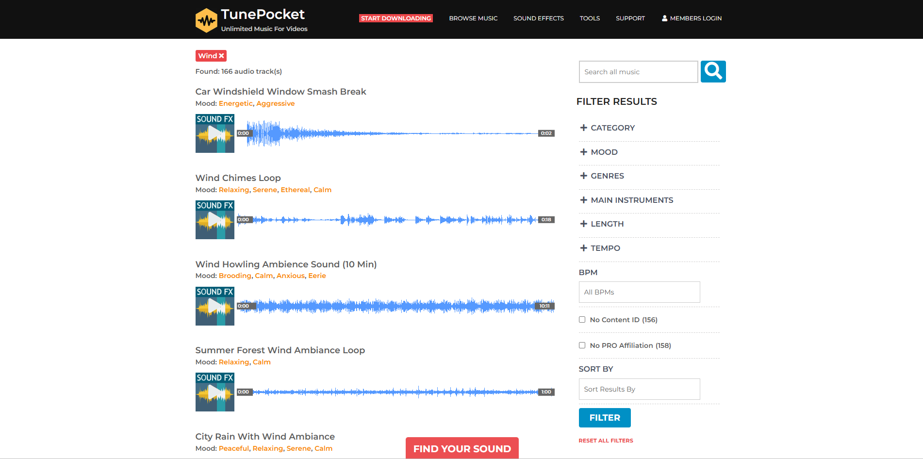 Interfaz de TunePocket: un recurso gratuito para efectos de sonido que soplan con el viento