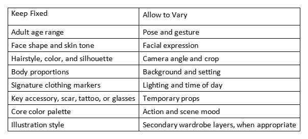 Table listing elements to keep fixed and allow to vary in character illustrations