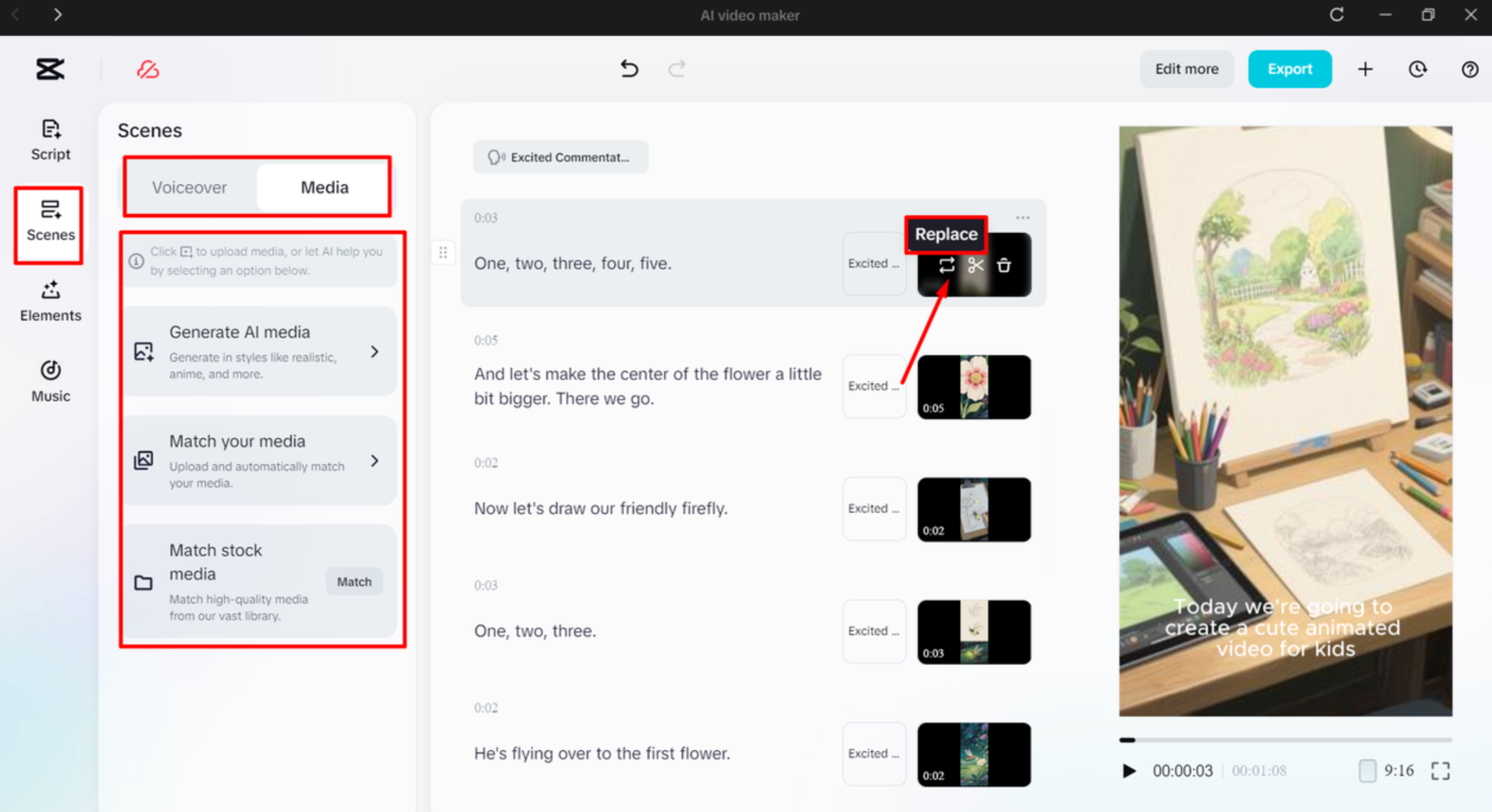 Replacing the media in the video using CapCut's AI video maker