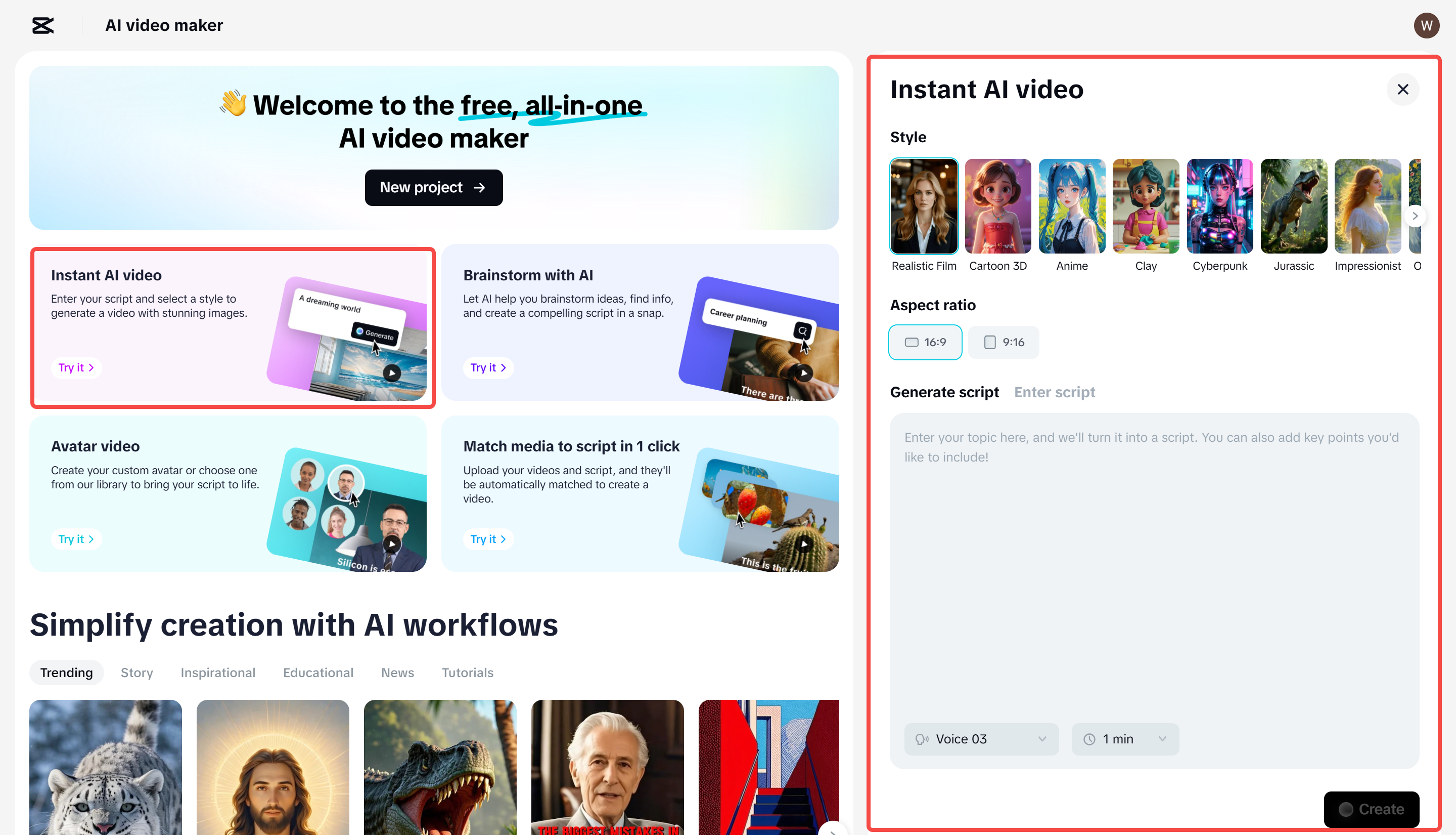 Acesse a IA ferramenta de criador de vídeo no editor de vídeo online CapCut