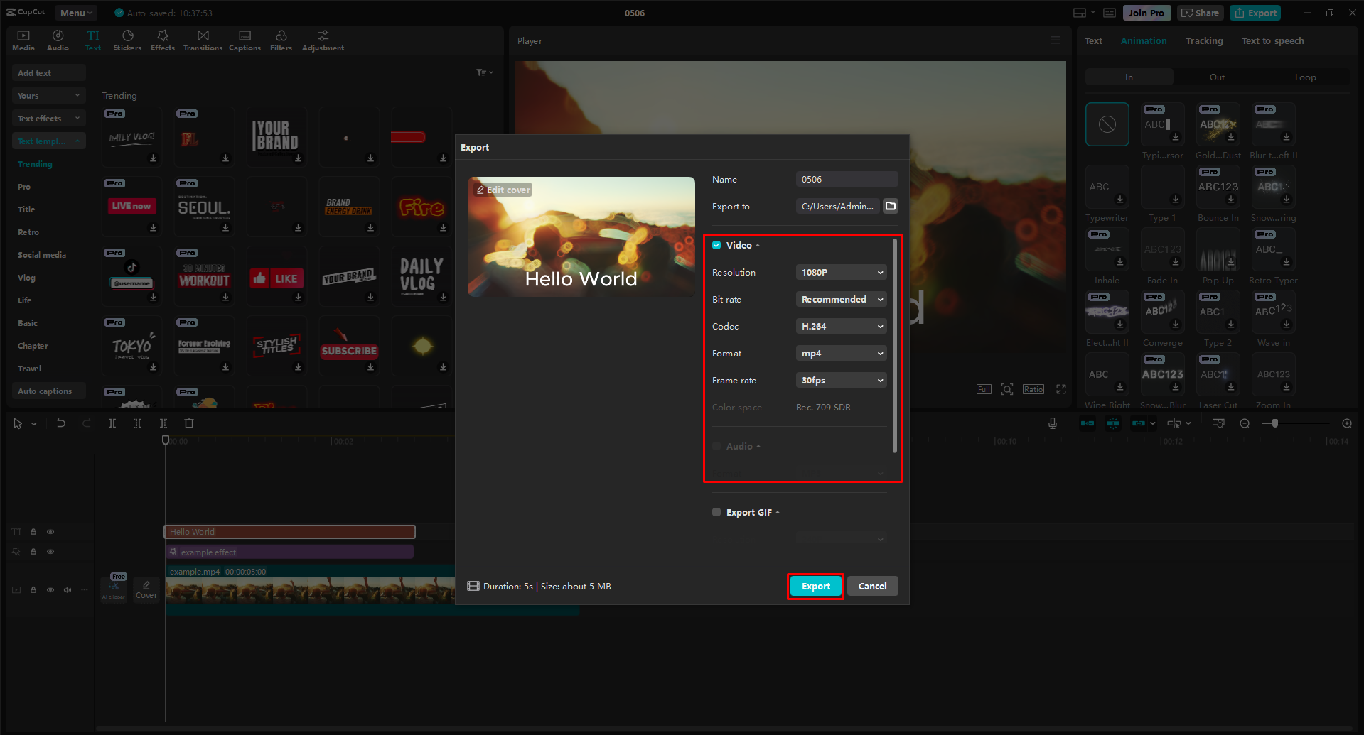 Export your animated text video