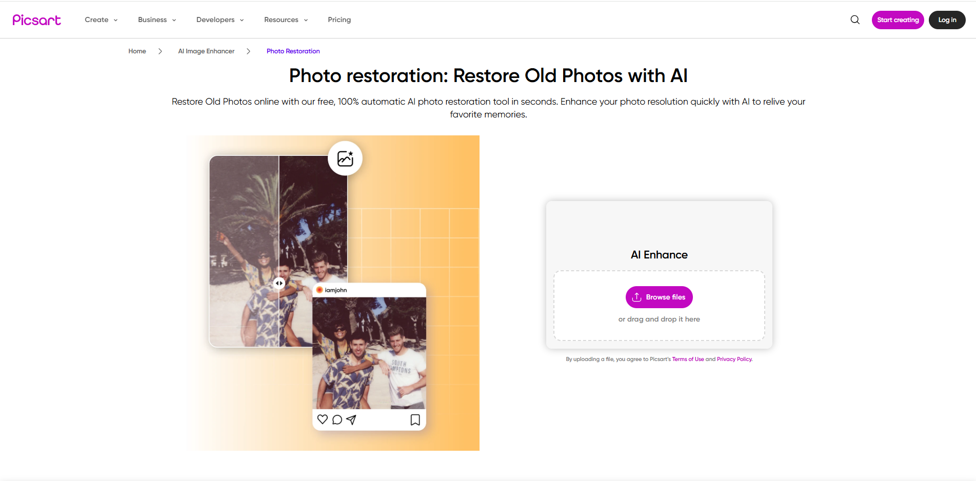 Interface of Picsart - ett användarvänligt sätt att återställa foton