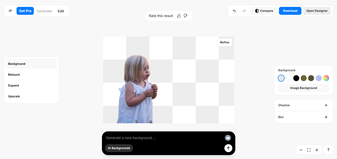 Interfața Pixelcut - un editor de fundal alb ușor de utilizat online