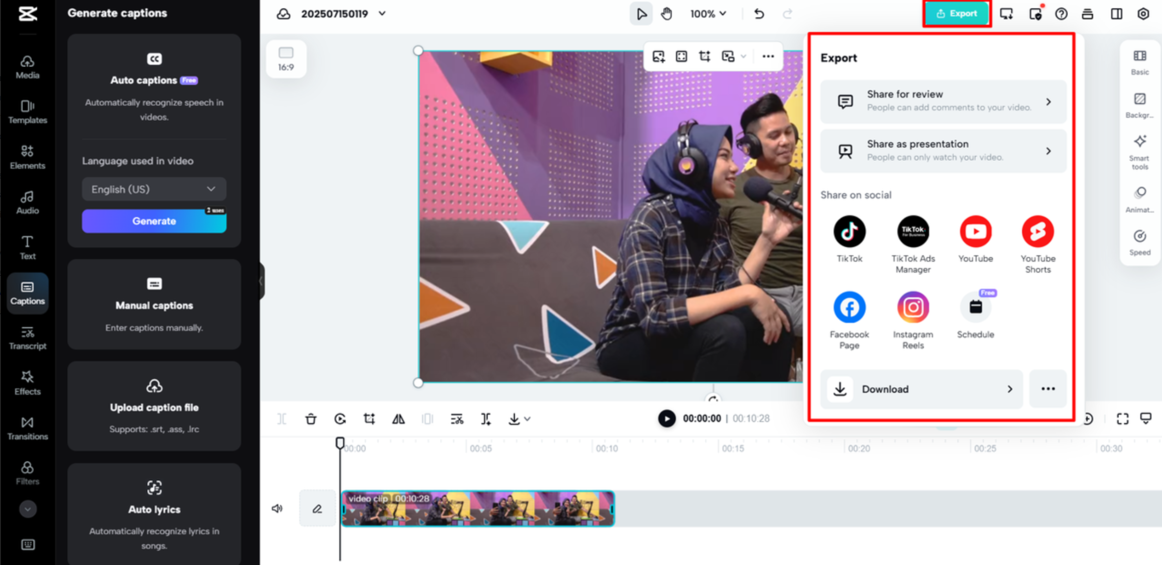 Експорт відео з CapCut Web