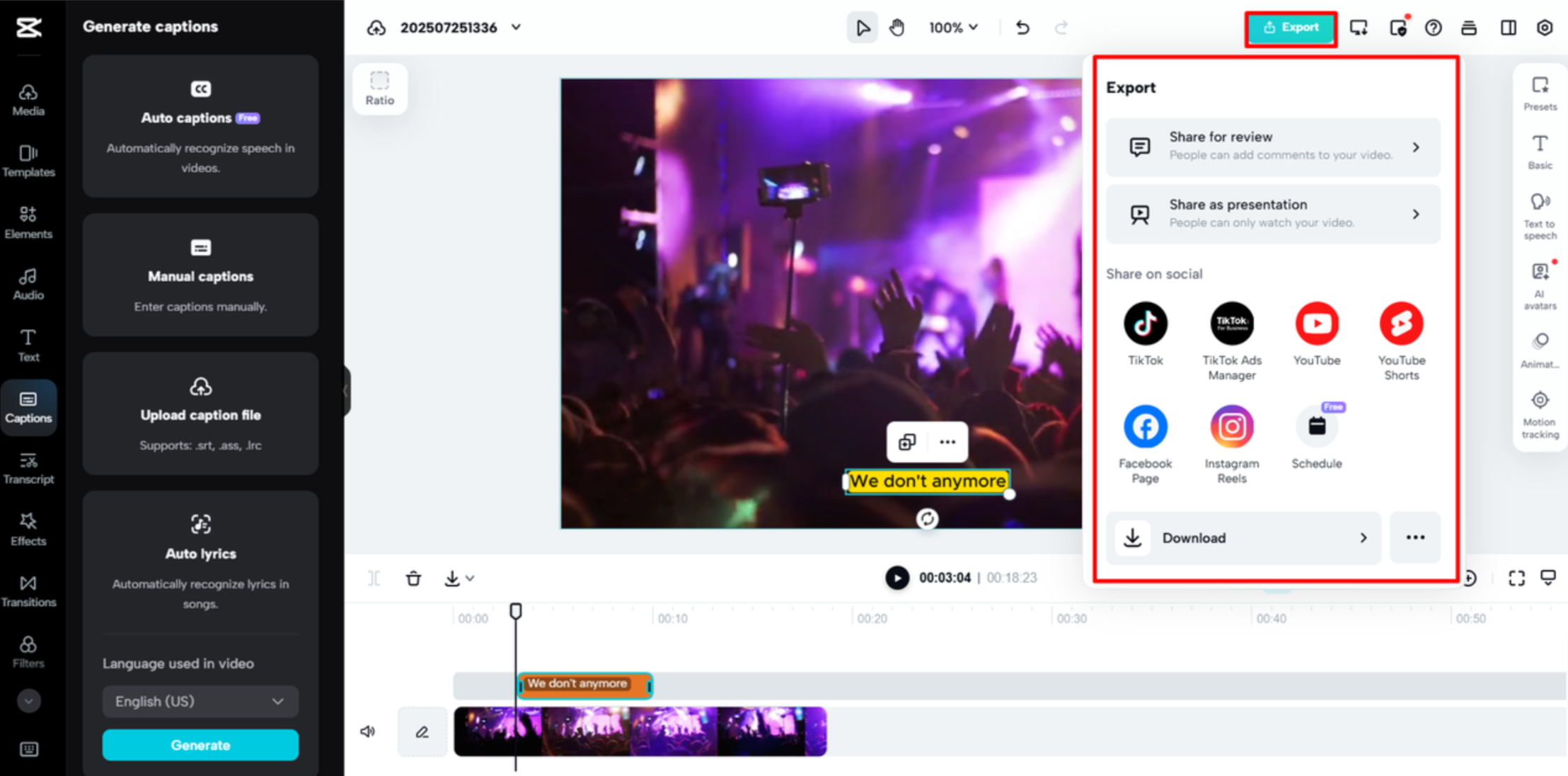 Export options in the CapCut Web online video editor