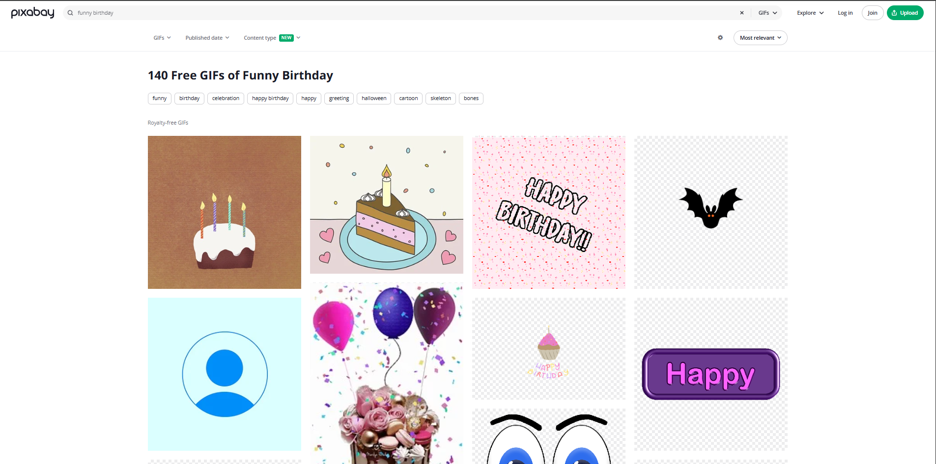 Benutzeroberfläche von Pixabay – eine Seite mit diversen lustigen Geburtstags-GIFs.