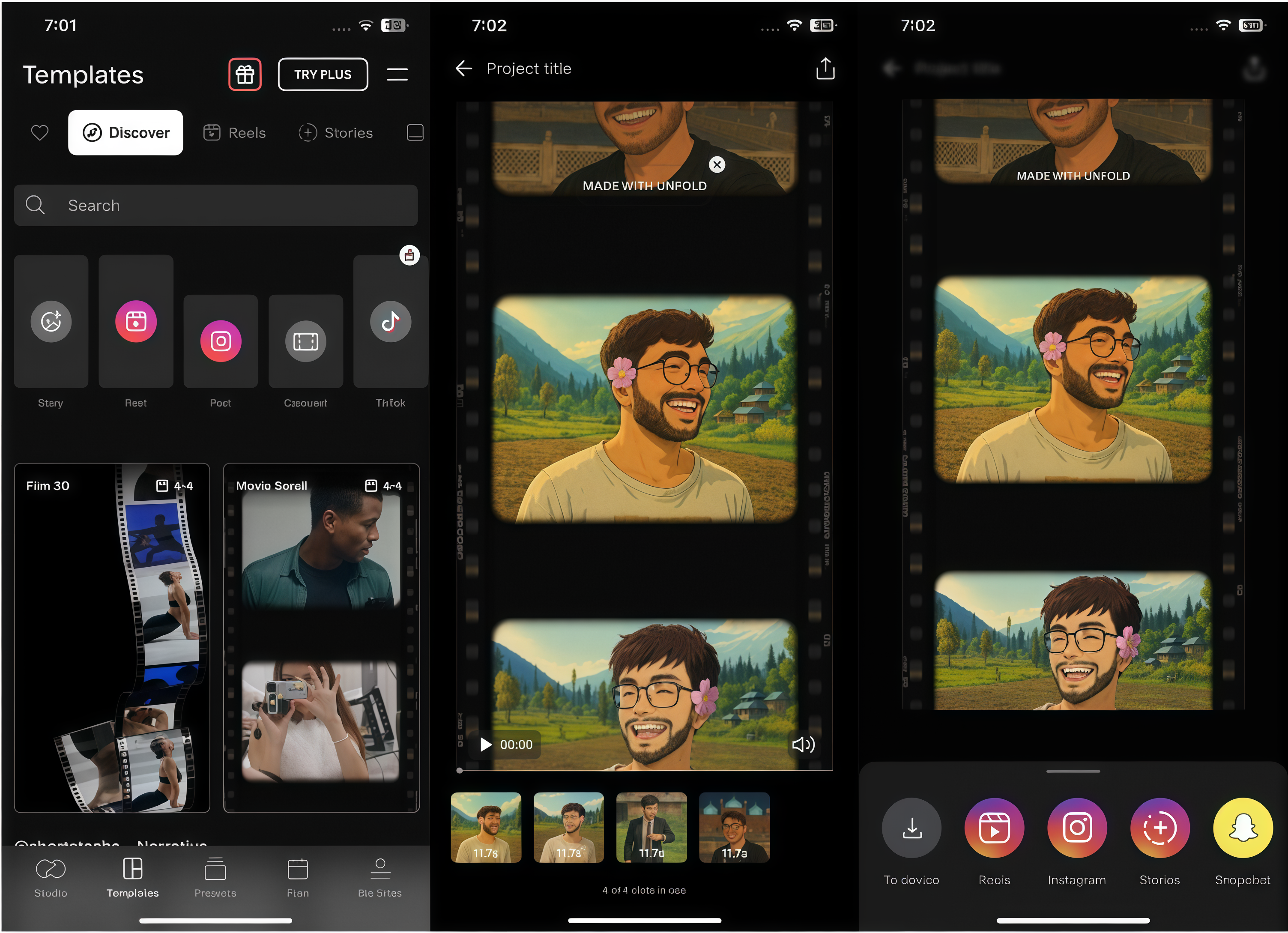 Interface of Unflod - a perfect reel template app