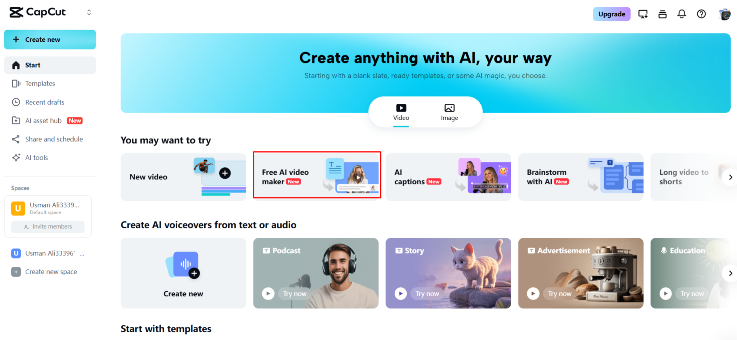 Accessing the AI video maker in CapCut Web