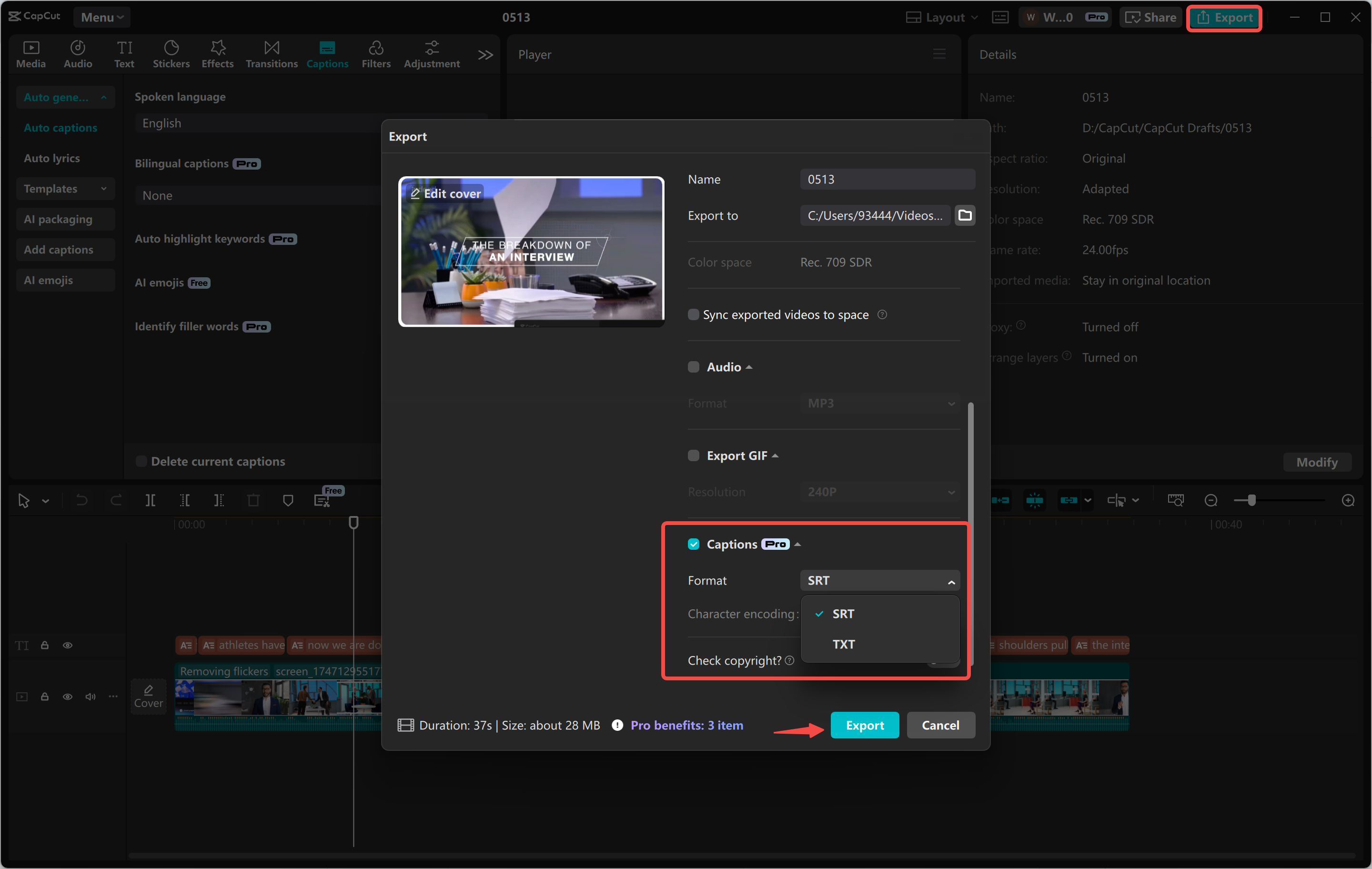 Esportazione del video dall' CapCut editor video desktop