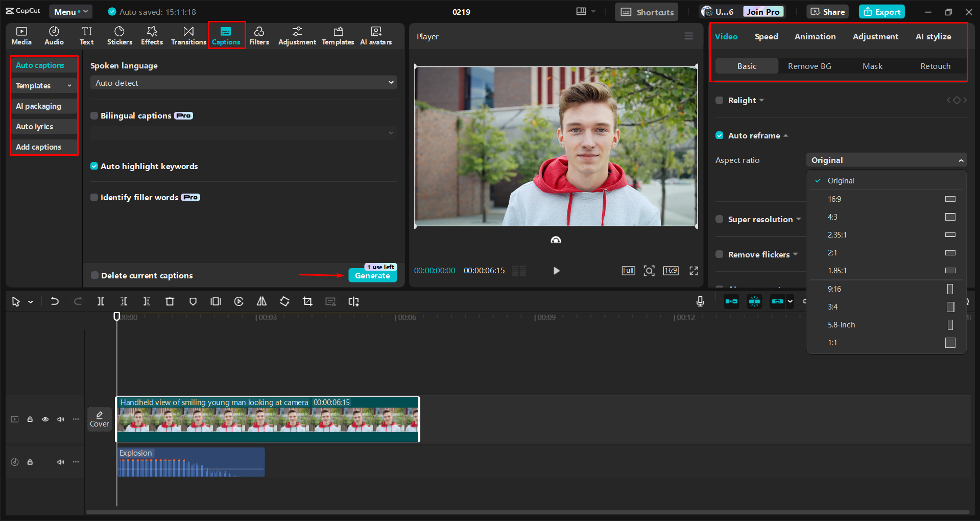 Auto reframing and adjusting video colors in the CapCut desktop video editor