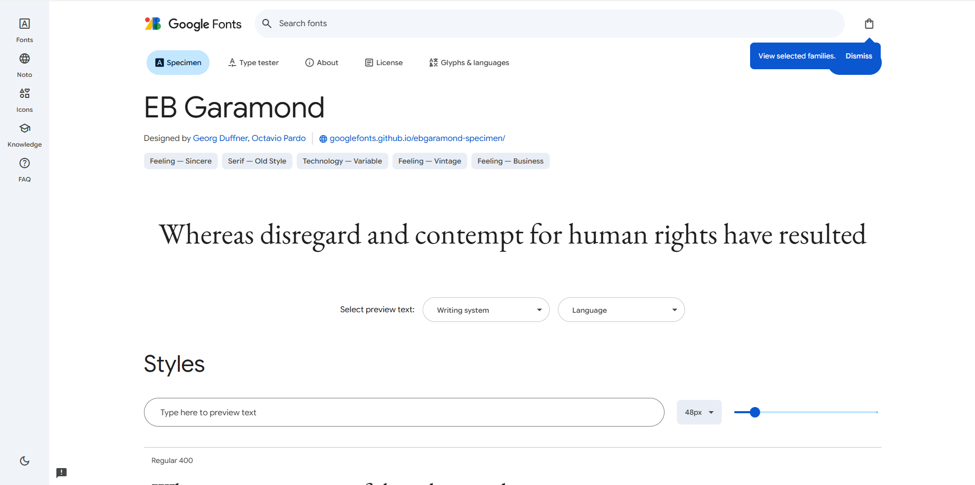 Google Fonts介面-查詢Garamond字型示例的最佳平臺