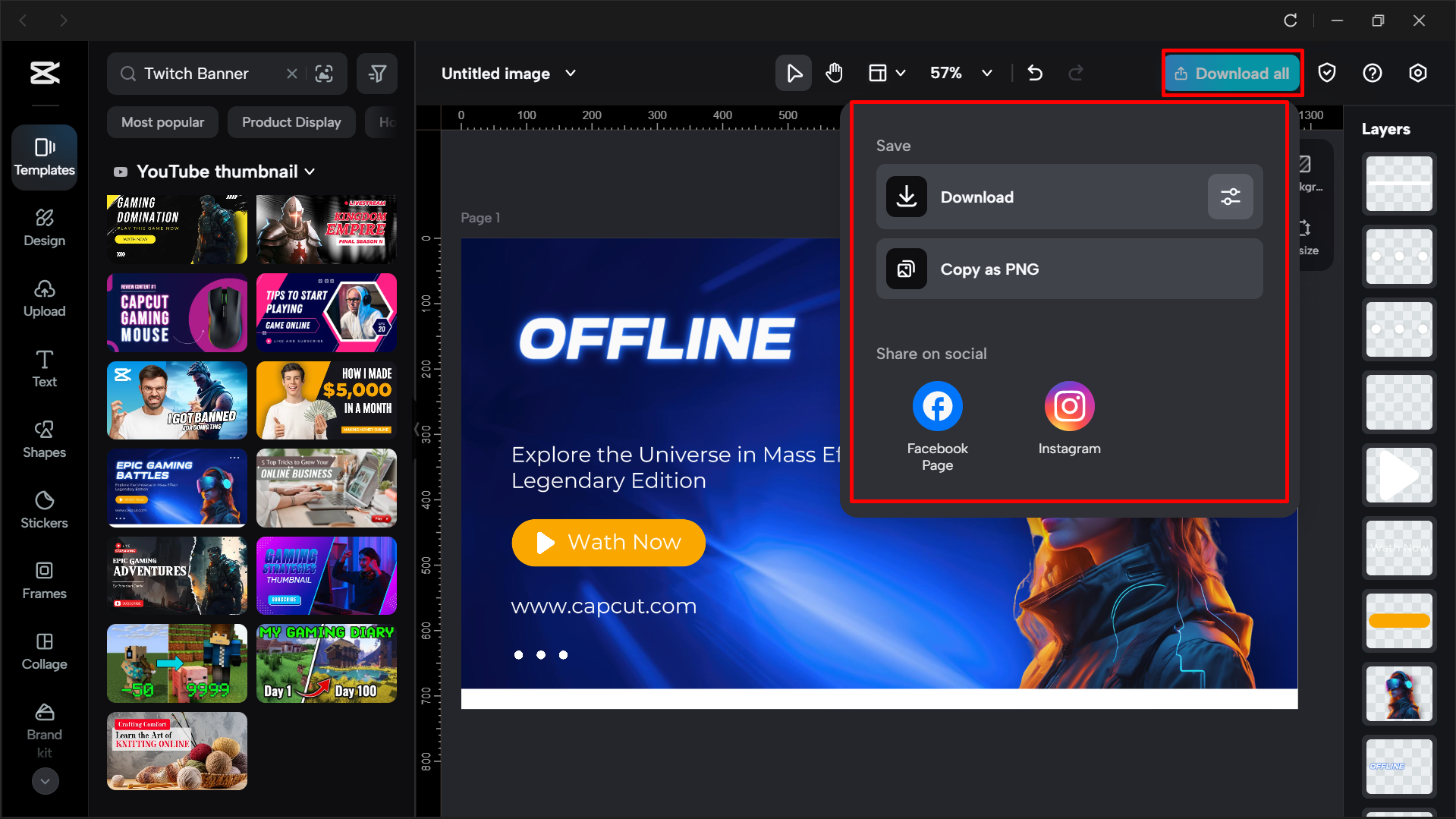 Mengeksport sepanduk Twitch daripada penyunting video desktop CapCut