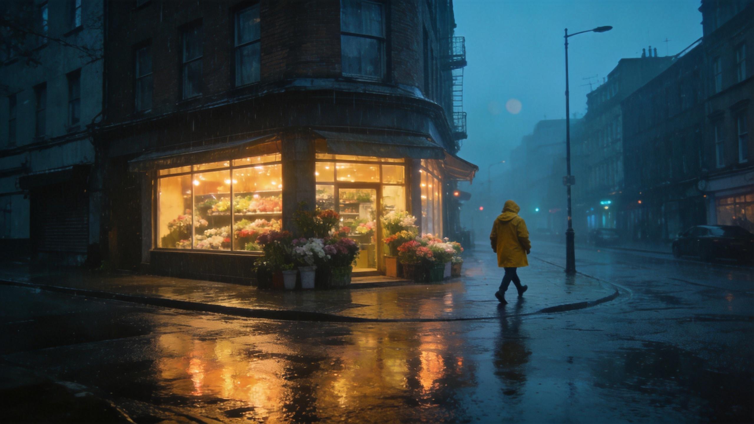 Rainy city street at dusk with a glowing flower shop and a person in a yellow coat walking