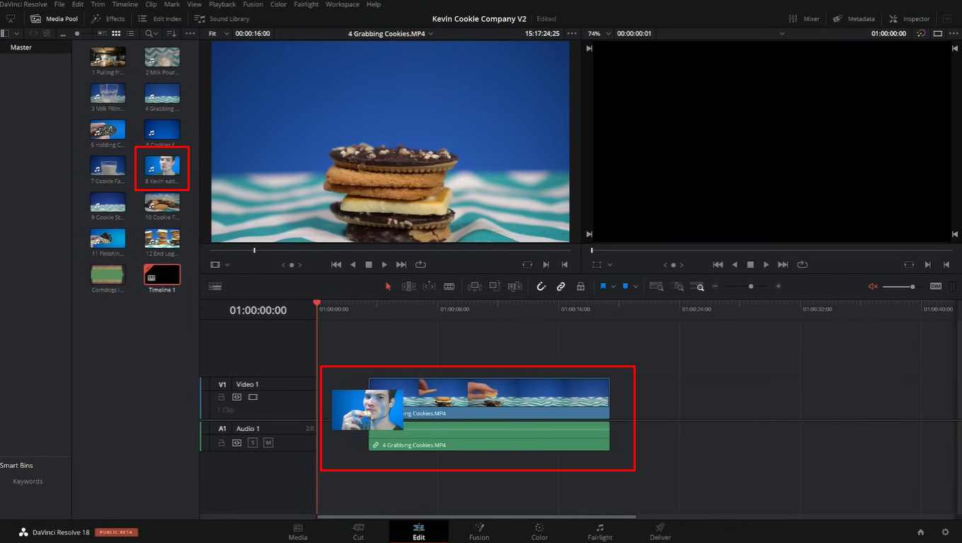 Añadiendo la grabación de pantalla a la línea de tiempo de DaVinci Resolve